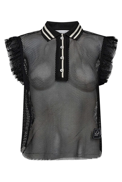 HL NET FRILL POLO TOP BLACK